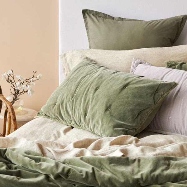 Venus Cotton Velvet Quilted Pillowcase Pair - Olive