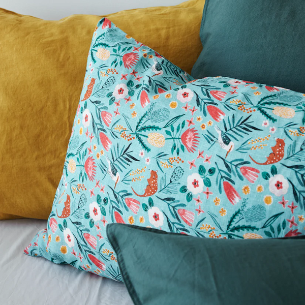 Pure Linen Kookaburra Printed Pillowcase Pair - Teal Standard