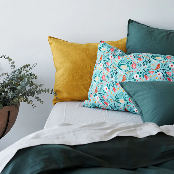 Pure Linen Kookaburra Printed Pillowcase Pair - Teal Standard